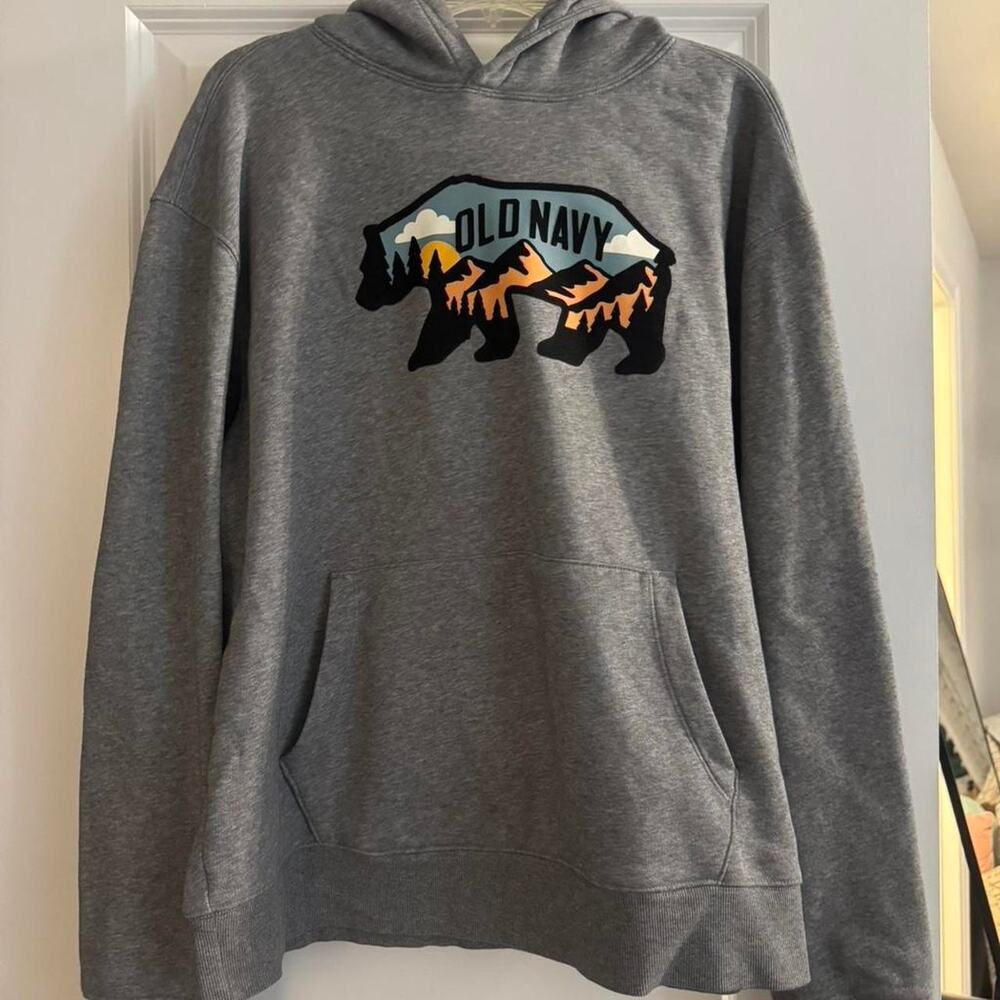 Old Navy Bear Graphic Hoodie Gray Mountain Pullover Womens Large